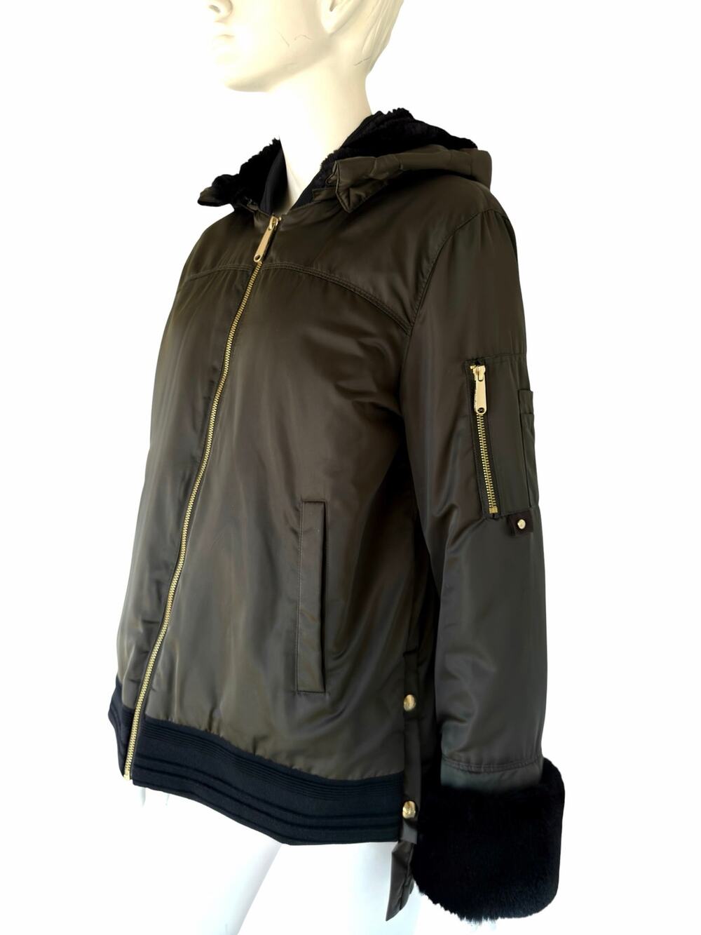 Sam Edelman Olive Army Green Cargo Bomber Jacket w Split-Zip Faux Fur Hood sz M